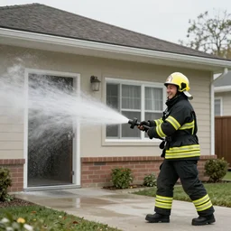 firefighters laughing while spraying fire on a house