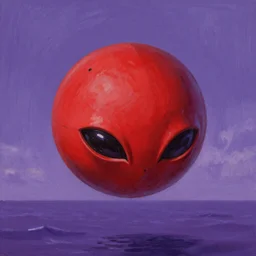 evangelion, red alien sphere like shape, flies over purple sea ocean, detailed, impressionistic, photorealistic by james gurney