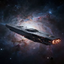 a hyper realistic beautiful scene render of a single massive black horizontal starship with glowing engraved neon inscriptions glowing through space and time and floating in an cosmic nebulae sky by eve game, christophe vacher and sparth juan gregory crewdson and simon stalenhag paul pepera pablo roldan, subject in view, golden ratio composition, moody volumetric lighting, very wide shot, low angle