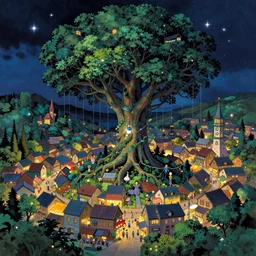 festival in a town, yggdrasil growing in a dark forest, night, stars, colorfully, detailed illustration, digital art, overdetailed art, concept art, detailed illustration, hd, 4 k, digital art, greg, rutkowski, wlop, thomas kinkade, moebius, hayao miyazaki, trending on artstation