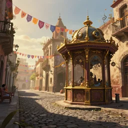 playstation game angled view photo digital art illustration of a cobbled street in a clean blade runner traditional mexican small town, kiosko, dia de muertos street decorations, postapocalyptic, muted color palette, high quality digital painting by, simon besombes, kacper niepokolczycki, studio ghibli, shinny gold steampunk details, golden hour, muted colors, biomechanical, lens orbs, global illumination, lounge, architectural, volumetric lighting, blender, vray, masterpiece