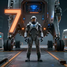 man in the sci - fi suit standing far from viewer, spaceport, landing gear, gray colour 7 0 %, orange colour 1 0 %, blue glowing point lights 2 0 %, avatar, cinematic keyframe. by fausto de martini, wadim kashin. ultra realistic, cinematic light, ue 5, featured on artstation, octane render, sharp focus, ray tracing, artstationhq, cgsociety, cinematic 8 k