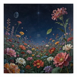 night sky full of flowers, cyberpunk art, floating detailes, leaves b, kenneth blom, mental alchemy, pablo amaringo, naudline pierre, contemporary art, hyper detailed, photorealistic,