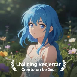 anime girl with blue hair in a field of flowers
