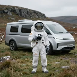 tourist in space suit on the Isle of Harris, Scotland, a futuristic silver sci-fi campervan in the background, 35 mm lens, medium format camera, photorealistic, 8K, rocky, hills, grass