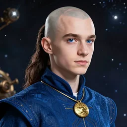 beautiful portrait of a incredibly handsome young wizard wearing a fancy blue tunic, and a gold medallion!! around neck, detailed deep blue eyes, elongated face, shaved!!, round nose, dark brown hair, in ponytail!!!, space background, trending on artstation, sharp focus, illustration, caustics, octane render, 4 k, radiant light, art by wlop and artgerm, steampunk fiction