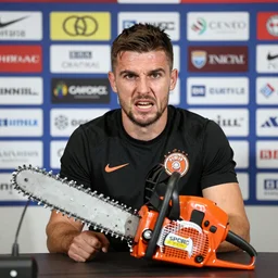BBC Sports photography of a football club press conference introducing a frightening man with a chainsaw as their new signing