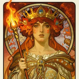 realistic detailed face portrait of the Queen of Wands of the Tarot holding a magic wand by Alphonse Mucha, Ayami Kojima, Amano, Charlie Bowater, Karol Bak, Greg Hildebrandt, Jean Delville, and Mark Brooks, Art Nouveau, Neo-Gothic, gothic, Tarot, Tarot card, wands, fire, flickering flames, tarot wands, rich deep moody colors, vibrant reds golds flame colors, fire colors