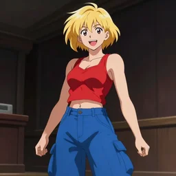 Photorealistic anime, a short athletic blonde girl, happy and spirited expression, medium shot, red tank top and wide blue pants