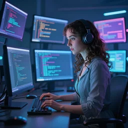 Ada Lovelace coding on an ultramodern computer, beautifully lit, colorful screens, blue light, hyperrealism science fiction digital illustration