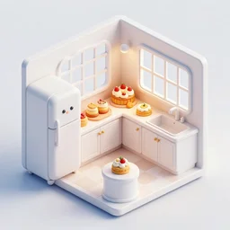 cute bakery, refrigerator, sink, windows, isometric art, white furniture, bright, artstation, highly detailed, cinematic lighting + masterpiece