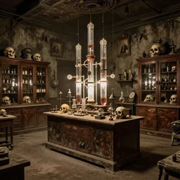 a vast and dusty old creepy mad occult lab. skulls and bubbling interconnected glass tubes backlit, walls lined with apothecary cabinets, curiosities and retired sideshow attractions