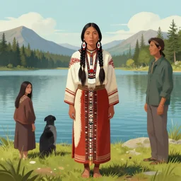 portrait of a native american woman drawn by artgerm, wide shot, standing next to a lake by alena aenami, digital artwork by karol bak and rhads, jason chan