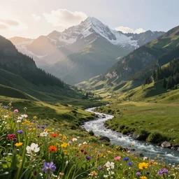 gorgeous dreamy alpen landscape, soft rays over mountain top, valley, river flowing through, colorful wild flowers on the foreground, soft natural lighting, photorealism, landscape photography, award - winning photography, artstation, national geographic