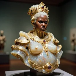 intricate slightly iridescent and tanslucent hyperrealistic onyx and gold bust of futuristic obese beautiful cybernetic astronaut black girl angry empress, museum lighting, 3 5 mm film photograph