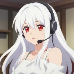 anime film still portrait of a japanese young woman, large, red eyes, long white hair wearing a headset in her room interior, detailed facial features, dynamic pose, cute face by ilya kuvshinov, yoh yoshinari, makoto shinkai, psycho pass, rimlight, cel shaded, 4 k