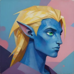 Avatar with a blond hair, green eyes, satyr ears and a deep blue skin profile picture by Greg Rutkowski, asymmetrical, Organic Painting , Matte Painting,  geometric shapes, hard edges, street art, trending on the artstation:2 by Sachin Teng:4, blur: -4