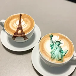 Two cups of coffee, one with latte art of the Eiffel tower. The other has latter art of the Statue of Liberty