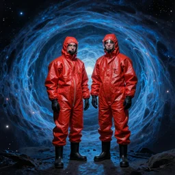 two scientists wearing red rick owens hazmat suits in a blue nebula wormhole by frank frazetta