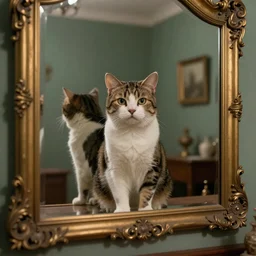 an exotic shorthair cat in an infinity room in the style of twin peaks. Mirror, 8k, 1850s, photorealistic
