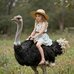 young girl, blond hair with straw hat, riding an ostrich, bouguereau