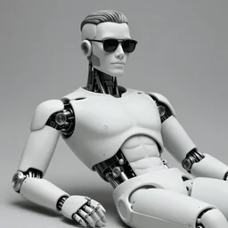 portrait of a futuristic bone ceramic guapo humanoid robot Spanish with a handsome face wearing cholo shades and muscular body reclining, macho, piroca, dotado, guapo, matte surface, trending on cgsociety