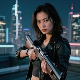 photographic portrait of a techwear woman holding a shotgun, holding shotgun down, closeup, on the rooftop of a futuristic city at night, sigma 85mm f/1.4, 4k, depth of field, high resolution, full color, award winning photography, Lucy (2014), Kill Bill, John Wick, Die Hard, movies with guns, movie firearms