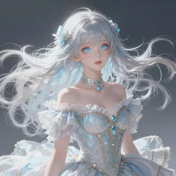 Portrait of magical girl, dreamy and ethereal, pastel blue eyes, peaceful expression, ornate frilly dress, fantasy, intricate, elegant, dynamic lighting, highly detailed, digital painting, artstation, concept art, smooth, sharp focus, illustration, art by artgerm and greg rutkowski and alphonse mucha