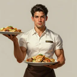 epic portrait an muscular waitress wearing short sleeved uniform and carrying food, detailed, centered, digital painting, artstation, concept art, donato giancola, Joseph Christian Leyendecker, WLOP, Boris Vallejo, Breathtaking, 8k resolution, extremely detailed, beautiful, establishing shot, artistic, hyperrealistic, beautiful face, octane render