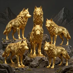 wolves and their treasures - golden sculptures of wolves in the mountains - dramatic lighting, trending on artstation, highly detailed render by studio ghibli