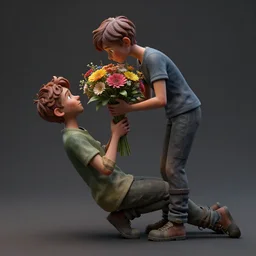 Clothed,worksafe.at CGSociety by WLOP,ilya kuvshinov,krenz cushart,Greg Rutkowski,trending on artstation.Zbrush sculpt colored,Octane render in Maya,Houdini VFX.A boy who fall in love, holding flowers bouquet.Cinematic dramatic atmosphere,sharp focus,soft volumetric studio lighting.