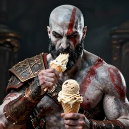 kratos the god of war eating a double scoop ice cream