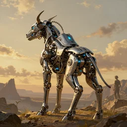 mechancial animal, art by alex schomburg and syd mead, trending on artstation, bioluminescence rear view in the golden hour, stuckism, 4 k hd wallpaper, fantasy artist, gond painting