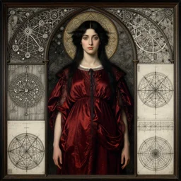 Symmetric Pre-Raphaelite painting of a beautiful mystic woman with dark hair in a very detailed silk dark red dress by John William Waterhouse, zoomed out, surrounded by a dark gothic frame of highly detailed mathematical drawings of neural networks and geometry by Doré ,  highly detailed mathematical drawings of geometry by Giger