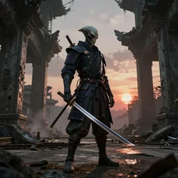 detailed render of an alien samurai with katana in right hand staying in the abandoned concrete temple, epic lighting, sunset, gloomy, dark, neon lights glow, cryengine, unreal engine 5, octane render, trending on artstation, 8k,