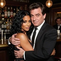 film still of Del Boy from Only Fools & Horses hugging kim kardashian at a london bar, 4k