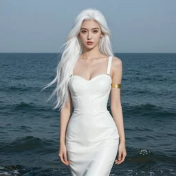 portrait of a beautiful woman with long white hair in a white leather dress standing in the middle of the ocean, very beautiful style, she is wrapped in gold, photorealism john singer sargent edgard maxence