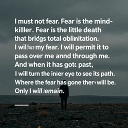 I must not fear.Fear is the mind-killer. Fear is the little-death that brings total obliteration. I will face my fear. I will permit it to pass over me and through me. And when it has gone past, I will turn the inner eye to see its path. Where the fear has gone there will be nothing. Only I will remain.