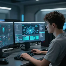 a young man in front of computer screens, sci-fi, digital art, rendering, octane, redshift, 4k