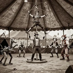 colorized 1 9 1 0 telephoto - lens photo of a steampunk circus with acrobatic stunts inside a circus tent. mechanical ringmaster, robotic animals, mechanized clowns.
