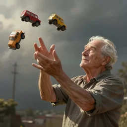 elderly man using telekinesis to fling toy trucks into the air, digital art, detailed, artstation, realistic