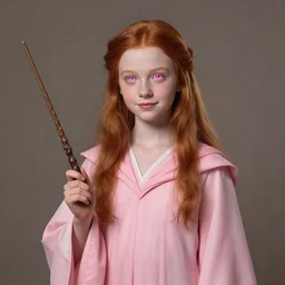 Full portrait of a cute teenager girl, 16 years old, magician, classical robes, pastel pink robes, long light red hair, wooden magic wand, glowy pink eyes, pale skin, cute smile, D&D, DND, high fantasy, extremely detailed, realistic, by Tony Sart, by Leng Jun, by artgerm, by Craig Mullins, by James Jean, by Andrey Ryabovichev, by Mark Simonetti, by Peter Morbacher, matte painting, trending on Artstation, artstationHD, artstationHQ, cgsociety, octane