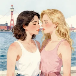 transgender lovers, coney island, estrogen, dreamy, watercolor painting, 4 k, detailed