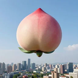 a giant peach in the sky, a city below