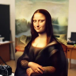 casual photograph of a woman sitting in a studio room pensively, face with the poise and appearance of the ( ( ( ( ( ( ( ( mona lisa ) ) ) ) ) ) ) ), taken in 2 0 1 9 with a digital camera, full color, head shot