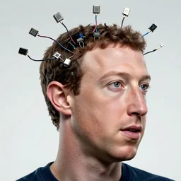 Mark Zuckerberg with wires and microchips coming out of a hole in his head, detailed, 4k, photo