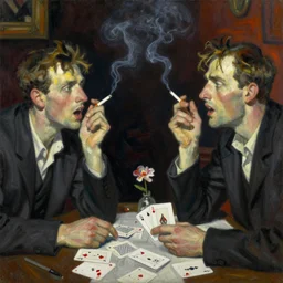 oil painting in the style of john craxton. playing cards. sailors talking loudly in the shadows of a jazz club.. hair. in the style of ivon hitchins. eyes. strong expressions on faces. smoke. holding cigarettes. scratch. strong lighting. brush. single flower. cheekbones. seated figure hands on table. line drawing.