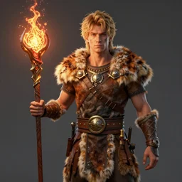 Taylor Lautner wearing a fur barbarian tunic holding a fancy glowing fire magical staff. Trending on Artstation, octane render, ultra detailed, art by Ross tran