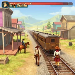 screenshot of gameplay dating simulator game set in 1 8 8 0, old west train arriving at the station, featuring african american and japanese cowboys and cowgirls in ghost town with buildings painted bright pastel colors, morning light with mountains in the background
