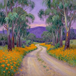 a dreamy painting of a dirt road surrounded by eucalyptus trees and california golden poppies, violet woodland hill in the distance, violet sunset. an oil painting by thomas kinkade and peter mohrbacher, green orange violet triadic color palette, featured on deviantart, australian tonalism, pre - raphaelite, impressionism, detailed painting,